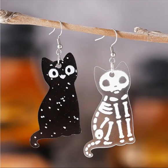 Jewelry - Black Cat Skeleton Earrings